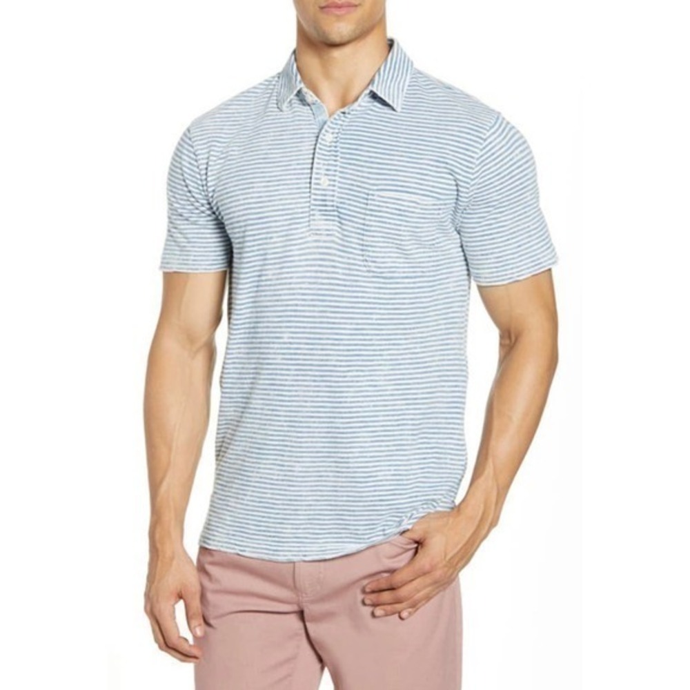 Faherty Blue White Striped Cotton Short Sleeve Pocket Polo Shirt Men's Size XXL